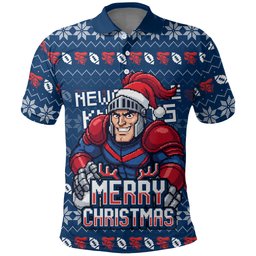 Personalized Newcastle Knights Christmas Polo Shirt Australian Rugby Fans - Pixelated Ugly Xmas Pattern Mascot Santa