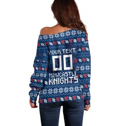 Personalized Newcastle Knights Christmas Off Shoulder Sweater Australian Rugby Fans - Pixelated Ugly Xmas Pattern Mascot Santa