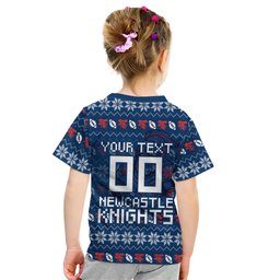 Personalized Newcastle Knights Christmas Kid T Shirt Australian Rugby Fans - Pixelated Ugly Xmas Pattern Mascot Santa