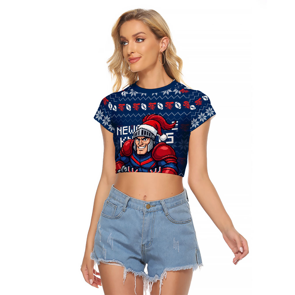Personalized Newcastle Knights Christmas Raglan Cropped T Shirt Australian Rugby Fans - Pixelated Ugly Xmas Pattern Mascot Santa