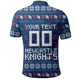 Personalized Newcastle Knights Christmas Polo Shirt Australian Rugby Fans - Pixelated Ugly Xmas Pattern Mascot Santa
