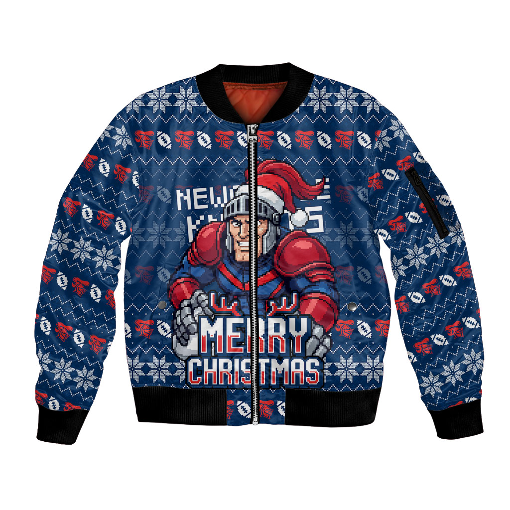 Personalized Newcastle Knights Christmas Sleeve Zip Bomber Jacket Australian Rugby Fans - Pixelated Ugly Xmas Pattern Mascot Santa