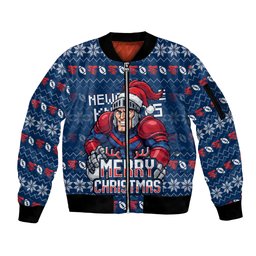 Personalized Newcastle Knights Christmas Sleeve Zip Bomber Jacket Australian Rugby Fans - Pixelated Ugly Xmas Pattern Mascot Santa