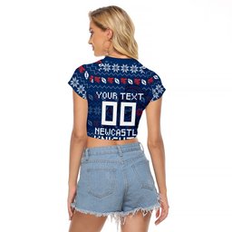 Personalized Newcastle Knights Christmas Raglan Cropped T Shirt Australian Rugby Fans - Pixelated Ugly Xmas Pattern Mascot Santa