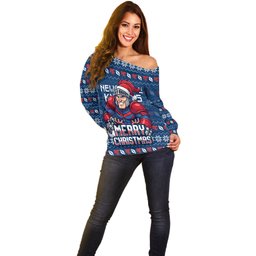 Personalized Newcastle Knights Christmas Off Shoulder Sweater Australian Rugby Fans - Pixelated Ugly Xmas Pattern Mascot Santa