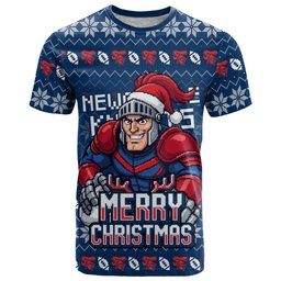 Personalized Newcastle Knights Christmas T Shirt Australian Rugby Fans - Pixelated Ugly Xmas Pattern Mascot Santa