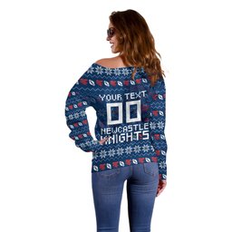 Personalized Newcastle Knights Christmas Off Shoulder Sweater Australian Rugby Fans - Pixelated Ugly Xmas Pattern Mascot Santa