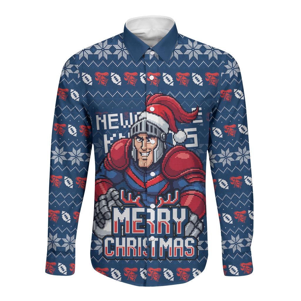 Personalized Newcastle Knights Christmas Long Sleeve Button Shirt Australian Rugby Fans - Pixelated Ugly Xmas Pattern Mascot Santa