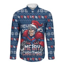 Personalized Newcastle Knights Christmas Long Sleeve Button Shirt Australian Rugby Fans - Pixelated Ugly Xmas Pattern Mascot Santa