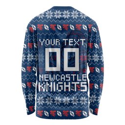 Personalized Newcastle Knights Christmas Long Sleeve Shirt Australian Rugby Fans - Pixelated Ugly Xmas Pattern Mascot Santa
