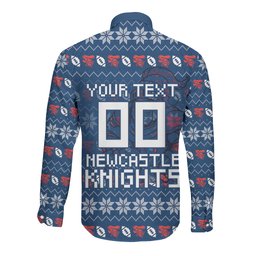 Personalized Newcastle Knights Christmas Long Sleeve Button Shirt Australian Rugby Fans - Pixelated Ugly Xmas Pattern Mascot Santa