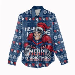 Personalized Newcastle Knights Christmas Women Casual Shirt Australian Rugby Fans - Pixelated Ugly Xmas Pattern Mascot Santa