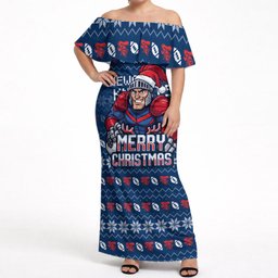 Personalized Newcastle Knights Christmas Off Shoulder Maxi Dress Australian Rugby Fans - Pixelated Ugly Xmas Pattern Mascot Santa