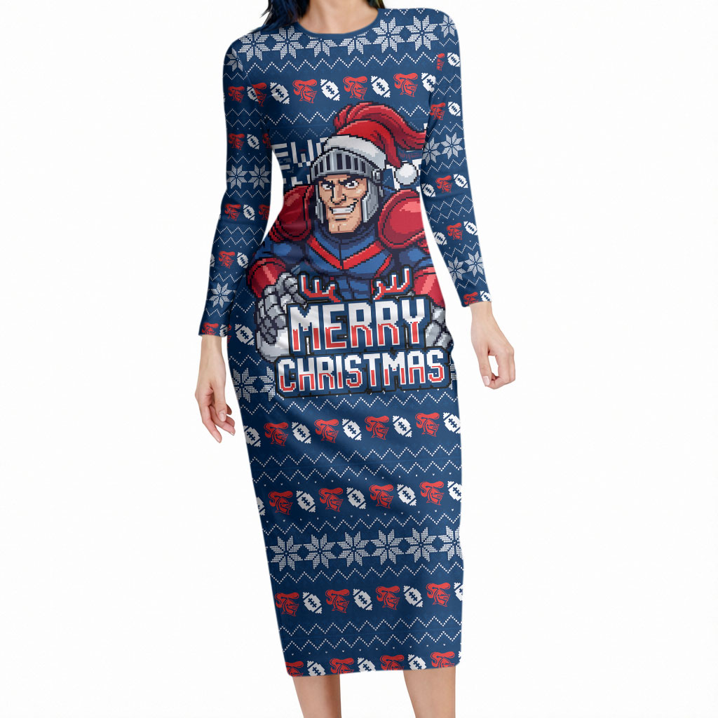 Personalized Newcastle Knights Christmas Long Sleeve Bodycon Dress Australian Rugby Fans - Pixelated Ugly Xmas Pattern Mascot Santa