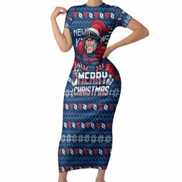 Personalized Newcastle Knights Christmas Short Sleeve Bodycon Dress Australian Rugby Fans - Pixelated Ugly Xmas Pattern Mascot Santa