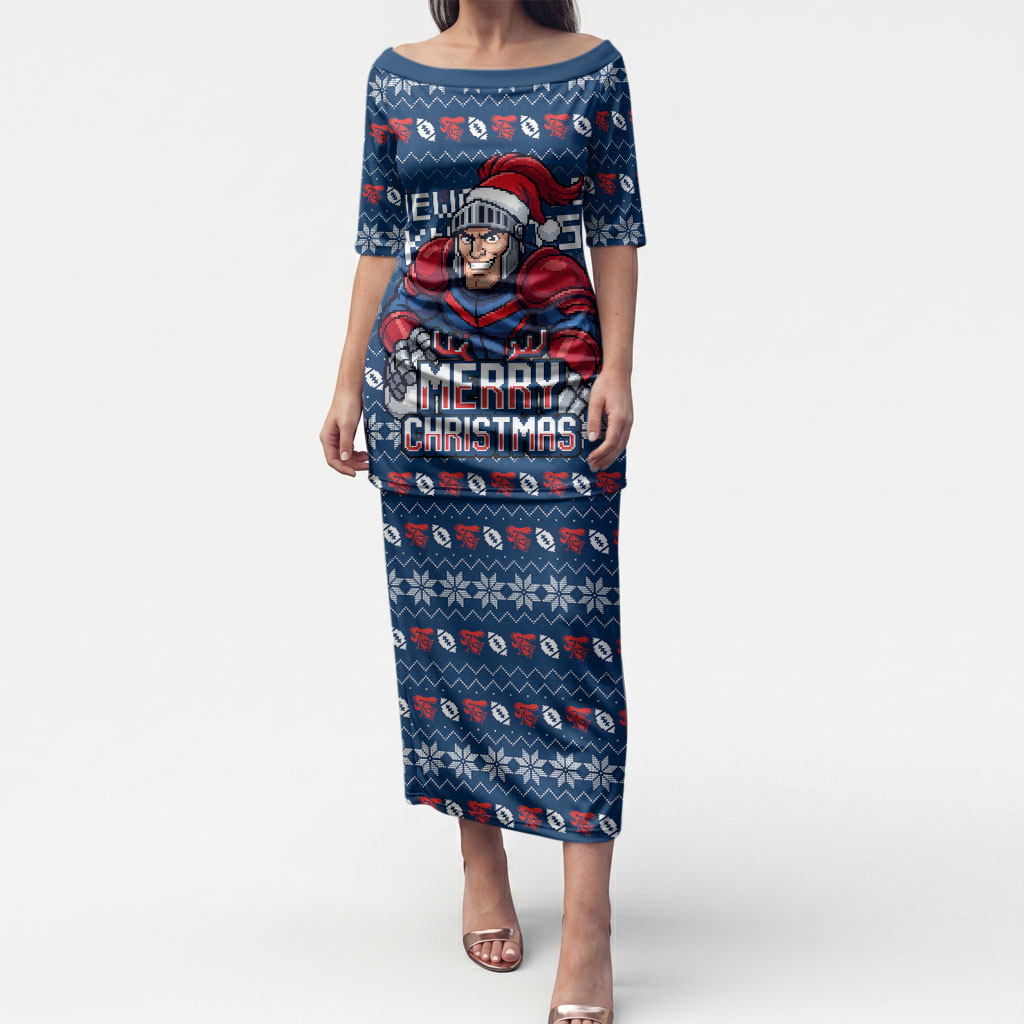 Personalized Newcastle Knights Christmas Puletasi Australian Rugby Fans - Pixelated Ugly Xmas Pattern Mascot Santa