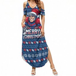 Personalized Newcastle Knights Christmas Summer Maxi Dress Australian Rugby Fans - Pixelated Ugly Xmas Pattern Mascot Santa