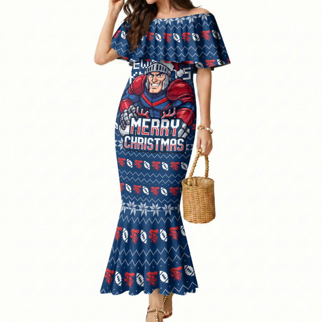 Personalized Newcastle Knights Christmas Mermaid Dress Australian Rugby Fans - Pixelated Ugly Xmas Pattern Mascot Santa