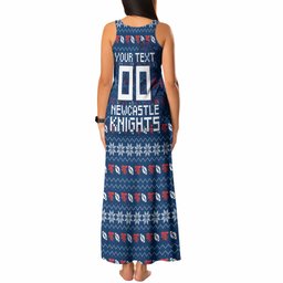 Personalized Newcastle Knights Christmas Tank Maxi Dress Australian Rugby Fans - Pixelated Ugly Xmas Pattern Mascot Santa