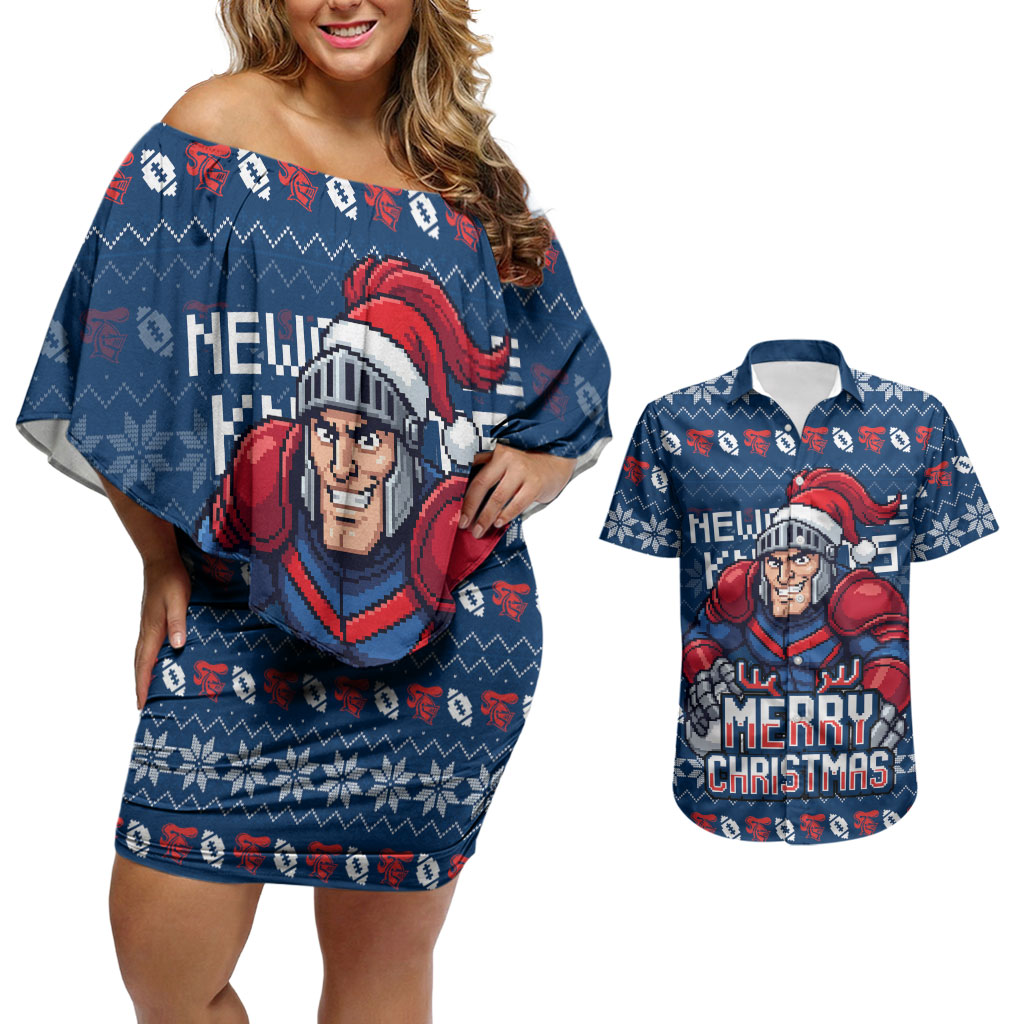 Personalized Newcastle Knights Christmas Couples Matching Off Shoulder Short Dress and Hawaiian Shirt Australian Rugby Fans - Pixelated Ugly Xmas Pattern Mascot Santa