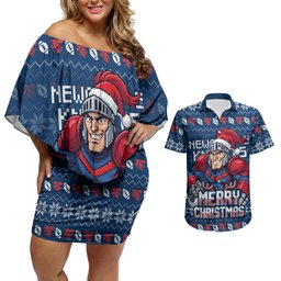 Personalized Newcastle Knights Christmas Couples Matching Off Shoulder Short Dress and Hawaiian Shirt Australian Rugby Fans - Pixelated Ugly Xmas Pattern Mascot Santa