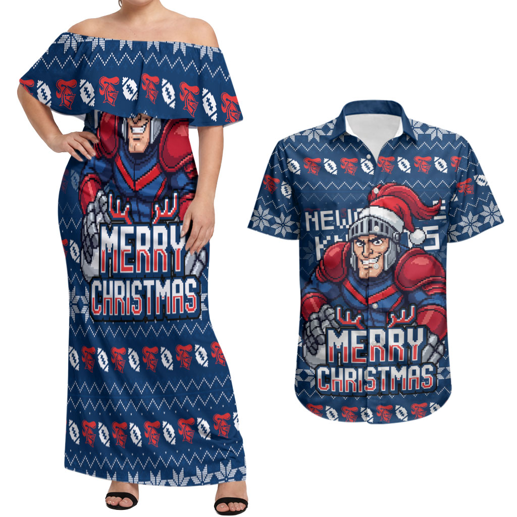 Personalized Newcastle Knights Christmas Couples Matching Off Shoulder Maxi Dress and Hawaiian Shirt Australian Rugby Fans - Pixelated Ugly Xmas Pattern Mascot Santa