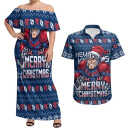 Personalized Newcastle Knights Christmas Couples Matching Off Shoulder Maxi Dress and Hawaiian Shirt Australian Rugby Fans - Pixelated Ugly Xmas Pattern Mascot Santa