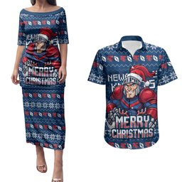 Personalized Newcastle Knights Christmas Couples Matching Puletasi and Hawaiian Shirt Australian Rugby Fans - Pixelated Ugly Xmas Pattern Mascot Santa