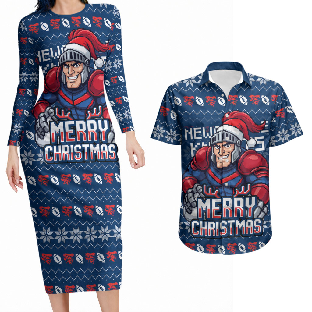 Personalized Newcastle Knights Christmas Couples Matching Long Sleeve Bodycon Dress and Hawaiian Shirt Australian Rugby Fans - Pixelated Ugly Xmas Pattern Mascot Santa