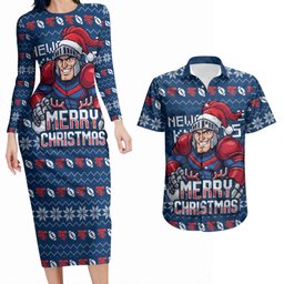 Personalized Newcastle Knights Christmas Couples Matching Long Sleeve Bodycon Dress and Hawaiian Shirt Australian Rugby Fans - Pixelated Ugly Xmas Pattern Mascot Santa