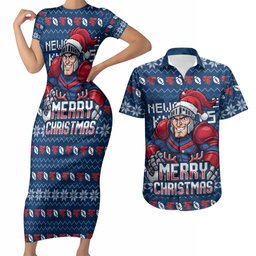 Personalized Newcastle Knights Christmas Couples Matching Short Sleeve Bodycon Dress and Hawaiian Shirt Australian Rugby Fans - Pixelated Ugly Xmas Pattern Mascot Santa