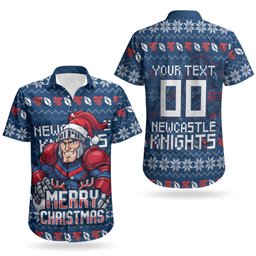 Personalized Newcastle Knights Christmas Couples Matching Long Sleeve Bodycon Dress and Hawaiian Shirt Australian Rugby Fans - Pixelated Ugly Xmas Pattern Mascot Santa