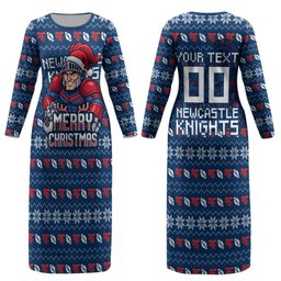 Personalized Newcastle Knights Christmas Couples Matching Long Sleeve Bodycon Dress and Hawaiian Shirt Australian Rugby Fans - Pixelated Ugly Xmas Pattern Mascot Santa