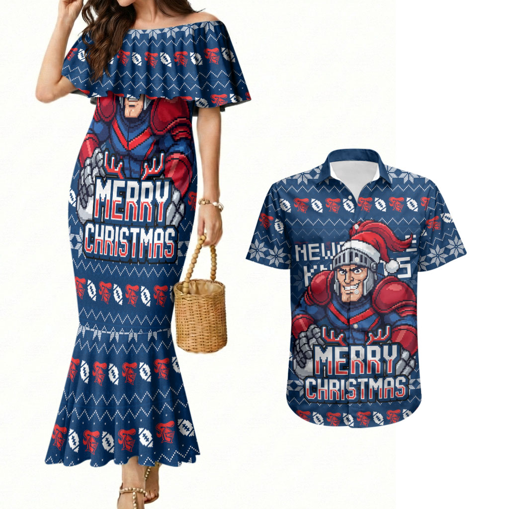 Personalized Newcastle Knights Christmas Couples Matching Mermaid Dress and Hawaiian Shirt Australian Rugby Fans - Pixelated Ugly Xmas Pattern Mascot Santa