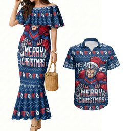 Personalized Newcastle Knights Christmas Couples Matching Mermaid Dress and Hawaiian Shirt Australian Rugby Fans - Pixelated Ugly Xmas Pattern Mascot Santa