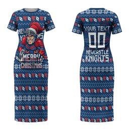 Personalized Newcastle Knights Christmas Couples Matching Short Sleeve Bodycon Dress and Hawaiian Shirt Australian Rugby Fans - Pixelated Ugly Xmas Pattern Mascot Santa