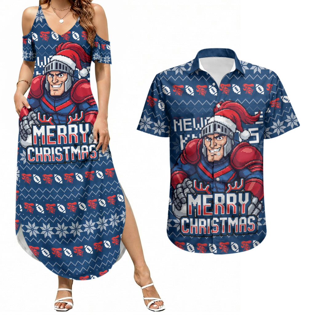 Personalized Newcastle Knights Christmas Couples Matching Summer Maxi Dress and Hawaiian Shirt Australian Rugby Fans - Pixelated Ugly Xmas Pattern Mascot Santa