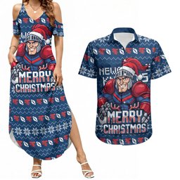 Personalized Newcastle Knights Christmas Couples Matching Summer Maxi Dress and Hawaiian Shirt Australian Rugby Fans - Pixelated Ugly Xmas Pattern Mascot Santa