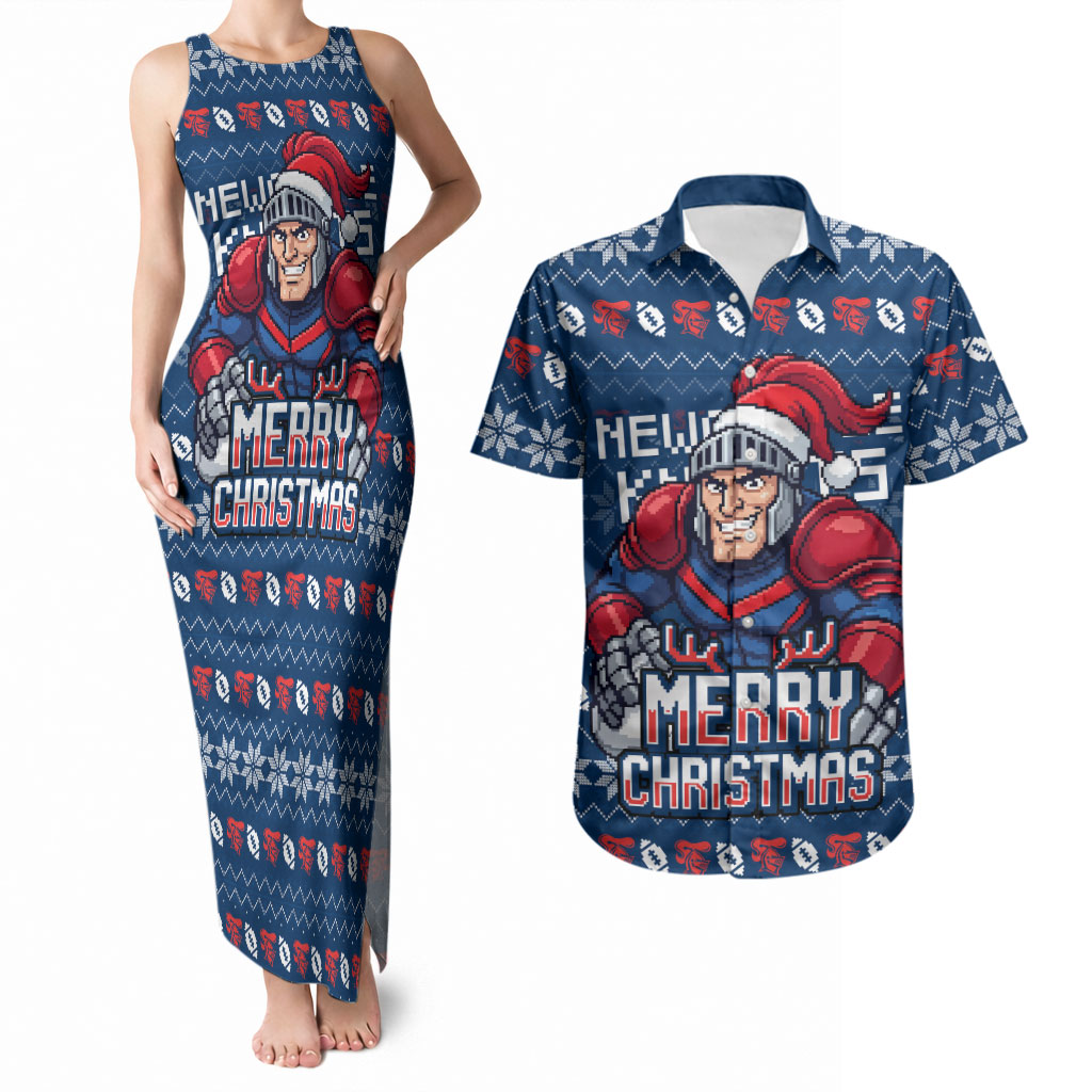 Personalized Newcastle Knights Christmas Couples Matching Tank Maxi Dress and Hawaiian Shirt Australian Rugby Fans - Pixelated Ugly Xmas Pattern Mascot Santa