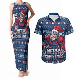 Personalized Newcastle Knights Christmas Couples Matching Tank Maxi Dress and Hawaiian Shirt Australian Rugby Fans - Pixelated Ugly Xmas Pattern Mascot Santa