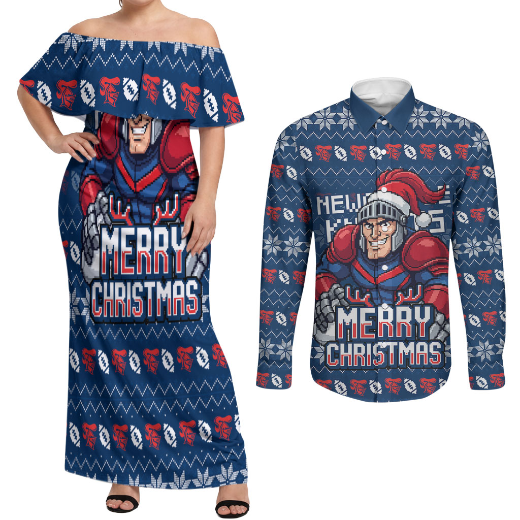 Personalized Newcastle Knights Christmas Couples Matching Off Shoulder Maxi Dress and Long Sleeve Button Shirt Australian Rugby Fans - Pixelated Ugly Xmas Pattern Mascot Santa