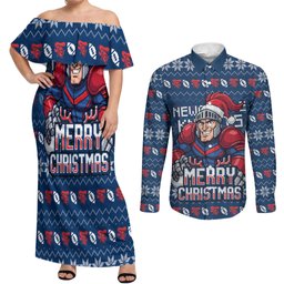 Personalized Newcastle Knights Christmas Couples Matching Off Shoulder Maxi Dress and Long Sleeve Button Shirt Australian Rugby Fans - Pixelated Ugly Xmas Pattern Mascot Santa