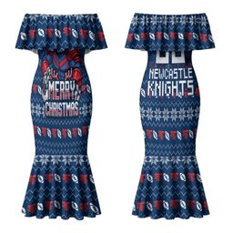 Personalized Newcastle Knights Christmas Couples Matching Mermaid Dress and Hawaiian Shirt Australian Rugby Fans - Pixelated Ugly Xmas Pattern Mascot Santa