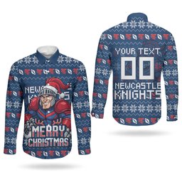 Personalized Newcastle Knights Christmas Couples Matching Off Shoulder Maxi Dress and Long Sleeve Button Shirt Australian Rugby Fans - Pixelated Ugly Xmas Pattern Mascot Santa