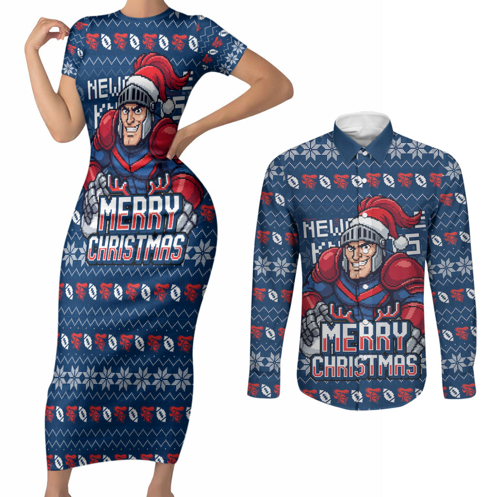 Personalized Newcastle Knights Christmas Couples Matching Short Sleeve Bodycon Dress and Long Sleeve Button Shirt Australian Rugby Fans - Pixelated Ugly Xmas Pattern Mascot Santa
