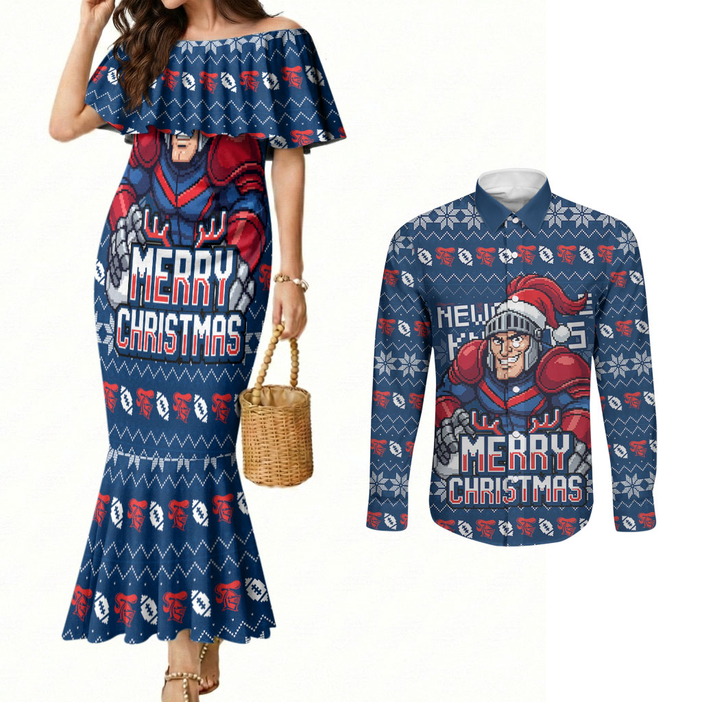 Personalized Newcastle Knights Christmas Couples Matching Mermaid Dress and Long Sleeve Button Shirt Australian Rugby Fans - Pixelated Ugly Xmas Pattern Mascot Santa