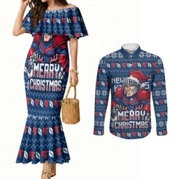 Personalized Newcastle Knights Christmas Couples Matching Mermaid Dress and Long Sleeve Button Shirt Australian Rugby Fans - Pixelated Ugly Xmas Pattern Mascot Santa