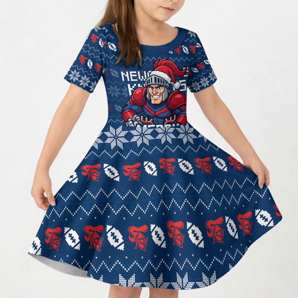 Personalized Newcastle Knights Christmas Kid Short Sleeve Dress Australian Rugby Fans - Pixelated Ugly Xmas Pattern Mascot Santa