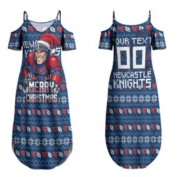 Personalized Newcastle Knights Christmas Couples Matching Summer Maxi Dress and Long Sleeve Button Shirt Australian Rugby Fans - Pixelated Ugly Xmas Pattern Mascot Santa