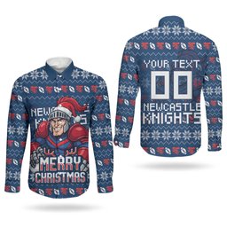 Personalized Newcastle Knights Christmas Couples Matching Mermaid Dress and Long Sleeve Button Shirt Australian Rugby Fans - Pixelated Ugly Xmas Pattern Mascot Santa